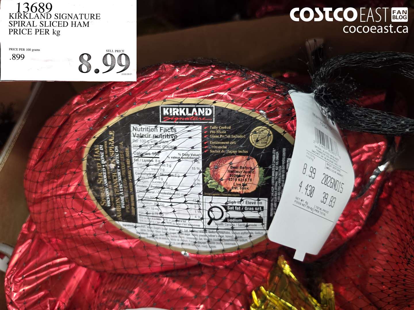 13689 KIRKLAND SIGNATURE SPIRAL SLICED HAM PRICE PER KG $8.99