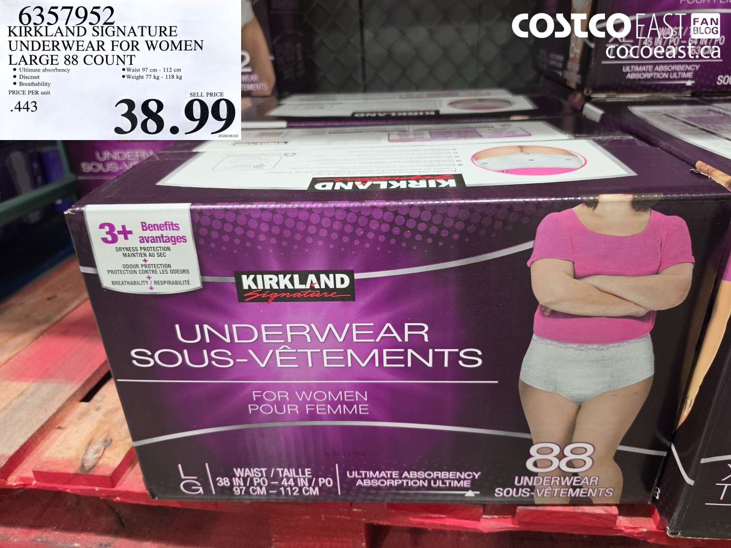 6357952 KIRKLAND SIGNATURE UNDERWEAR FOR WOMEN LARGE 88 COUNT $38.99
