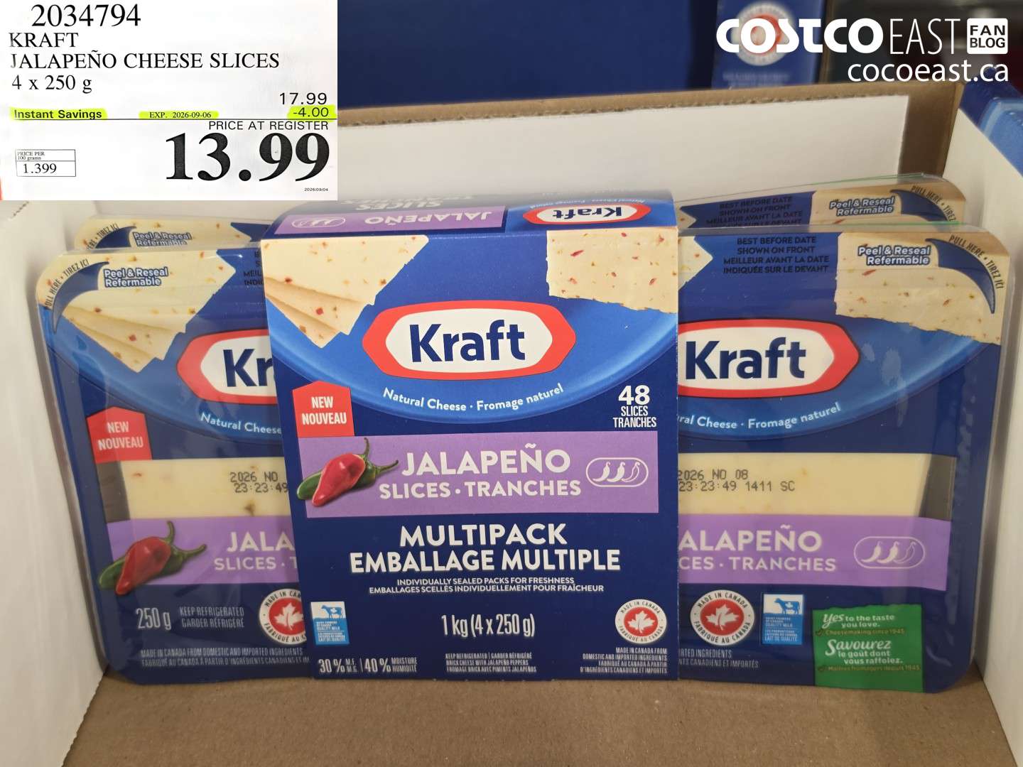 2034794 KRAFT JALAPENO CHEESE SLICES 4 X 250 G ($4.00 INSTANT SAVINGS EXPIRES ON 2026-09-06) $13.99