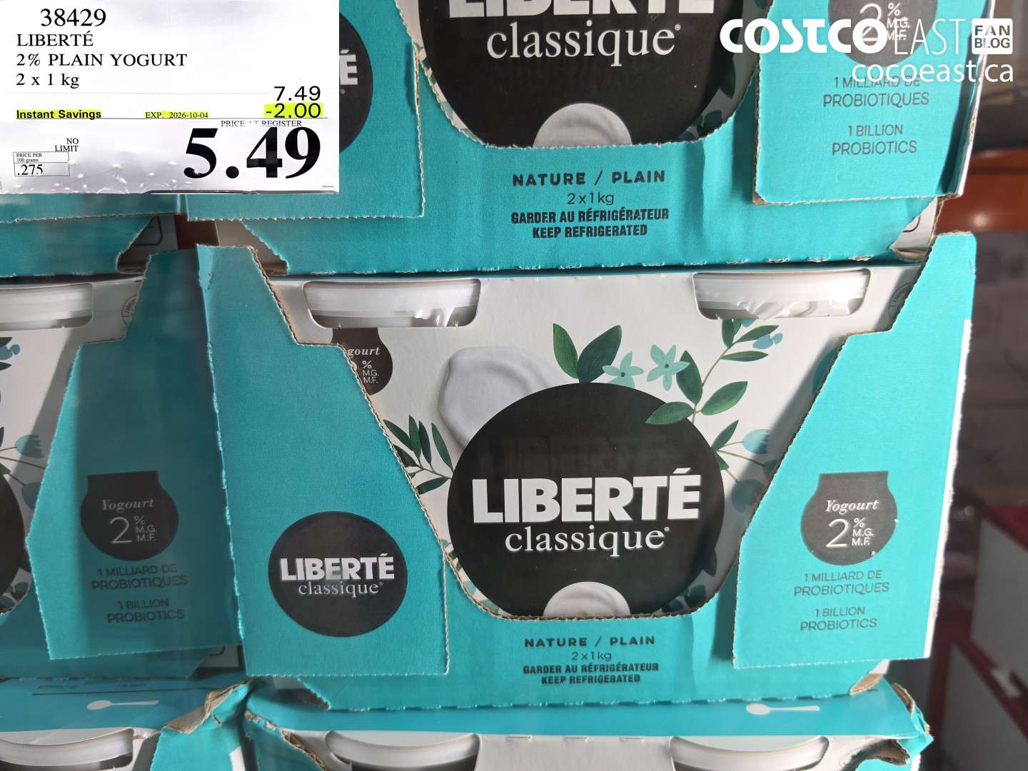 38429 LIBERTÉ 2% PLAIN YOGURT 2 X 1 KG ($2.00 INSTANT SAVINGS EXPIRES ON 2026-10-04) $5.49