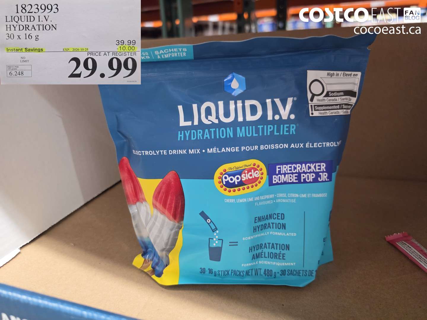 1823993 LIQUID I.V. HYDRATION 30 X 16 G ($10.00 INSTANT SAVINGS EXPIRES ON 2026-10-25) $29.99