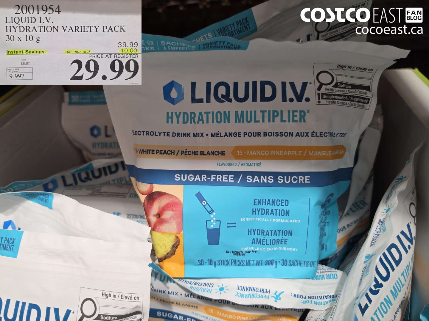 2001954 LIQUID I.V. HYDRATION VARIETY PACK 30 X 10 G ($10.00 INSTANT SAVINGS EXPIRES ON 2026-10-25) $29.99