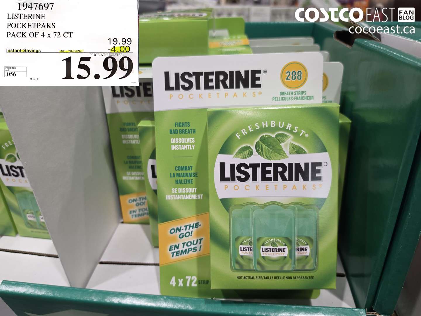 1947697 LISTERINE POCKETPAKS PACK OF 4 X 72 CT ($4.00 INSTANT SAVINGS EXPIRES ON 2026-09-13) $15.99
