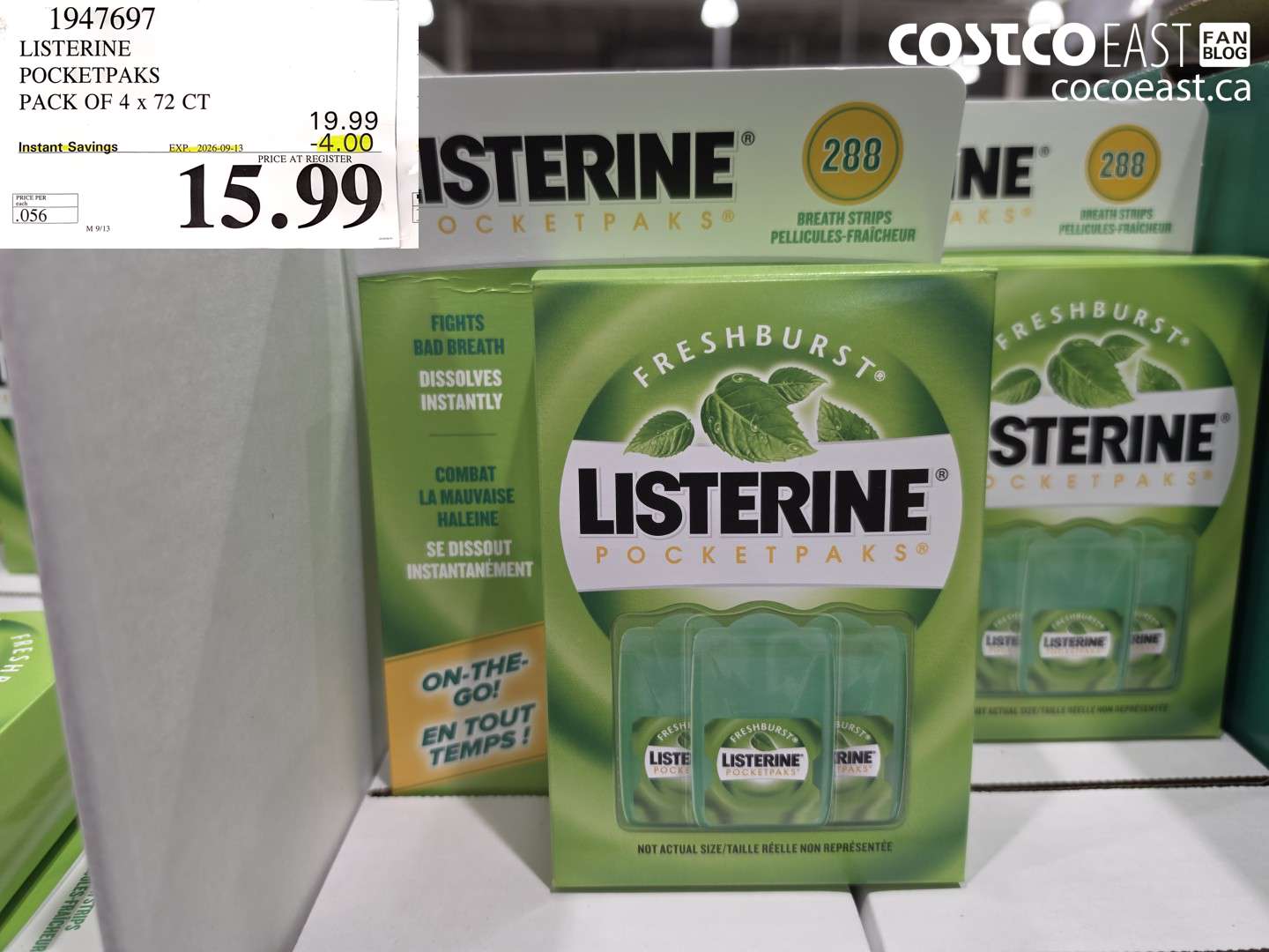 1947697 LISTERINE POCKETPAKS PACK OF 4 X 72 CT ($4.00 INSTANT SAVINGS EXPIRES ON 2026-09-13) $15.99