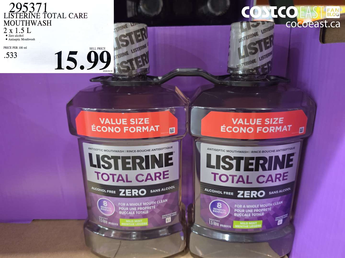 295371 LISTERINE TOTAL CARE MOUTHWASH 2 X 1.5 L $15.99