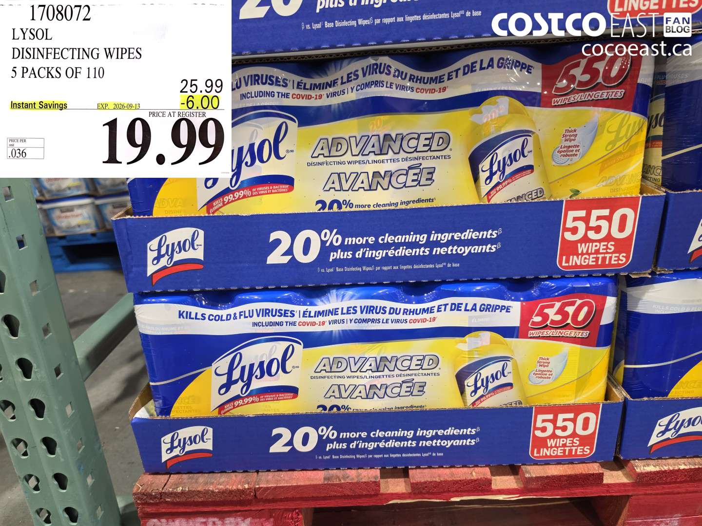 1708072 LYSOL DISINFECTING WIPES 5 PACKS OF 110 ($6.00 INSTANT SAVINGS EXPIRES ON 2026-09-13) $19.99