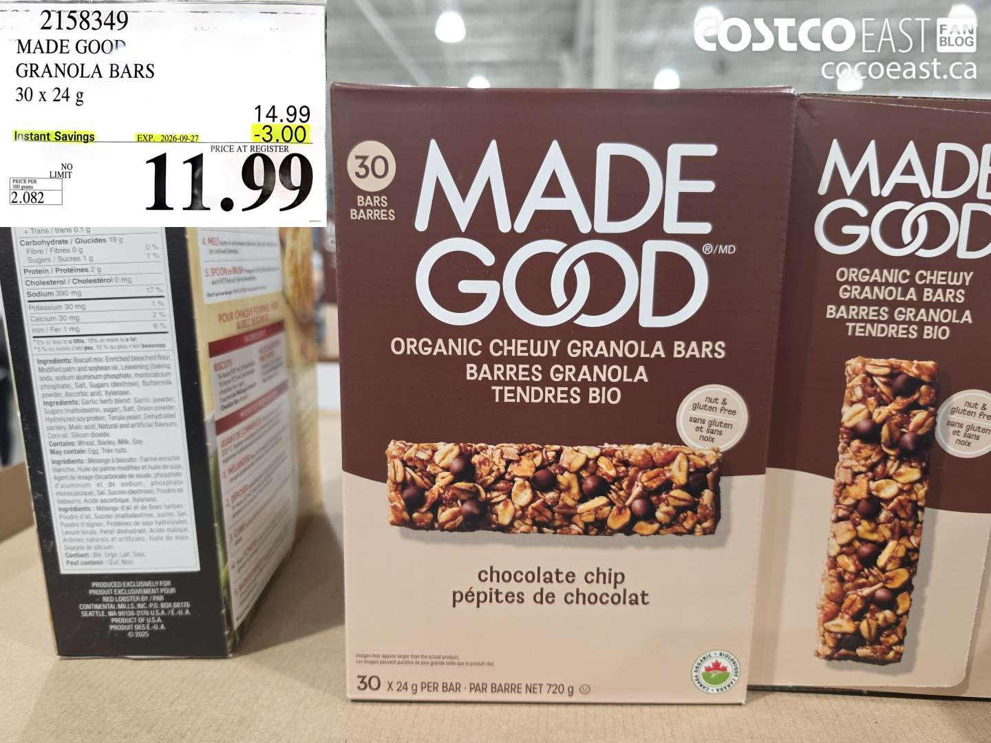 2158349 MADE GOOD GRANOLA BARS 30 X 24 G ($3.00 INSTANT SAVINGS EXPIRES ON 2026-09-27) $11.99