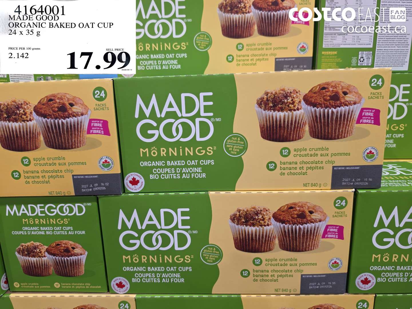 4164001 MADE GOOD ORGANIC BAKED OAT CUP 24 X 35 G $17.99