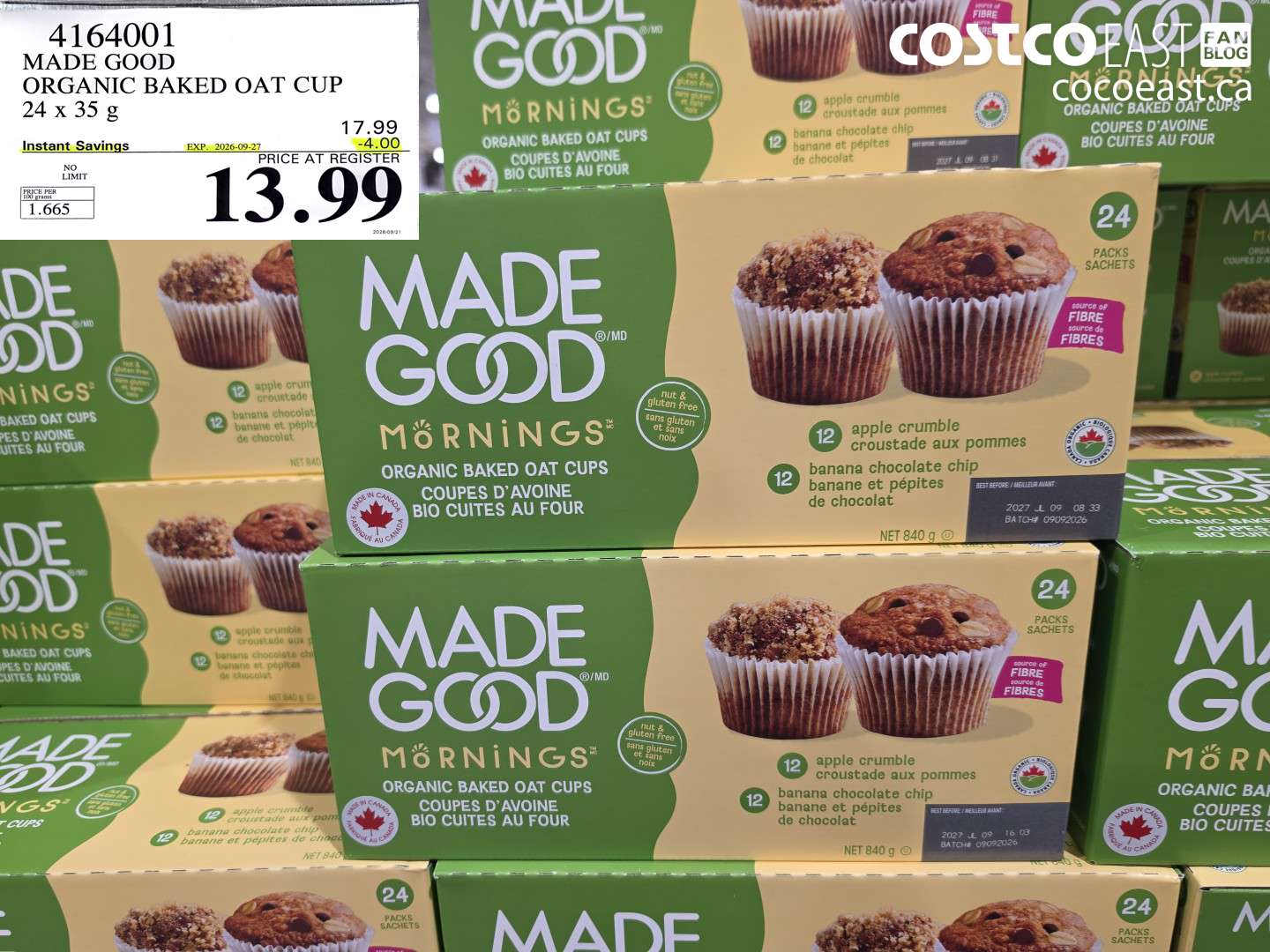 4164001 MADE GOOD ORGANIC BAKED OAT CUP 24 X 35 G ($4.00 INSTANT SAVINGS EXPIRES ON 2026-09-27) $13.99