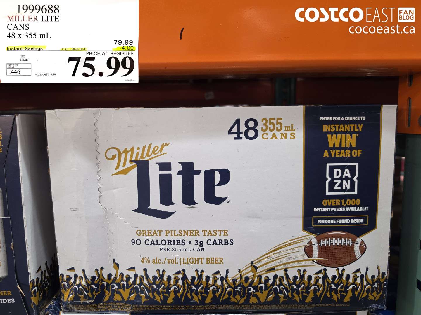 1999688 MILLER LITE CANS 48 X 355 ML ($4.00 INSTANT SAVINGS EXPIRES ON 2026-10-18) $75.99