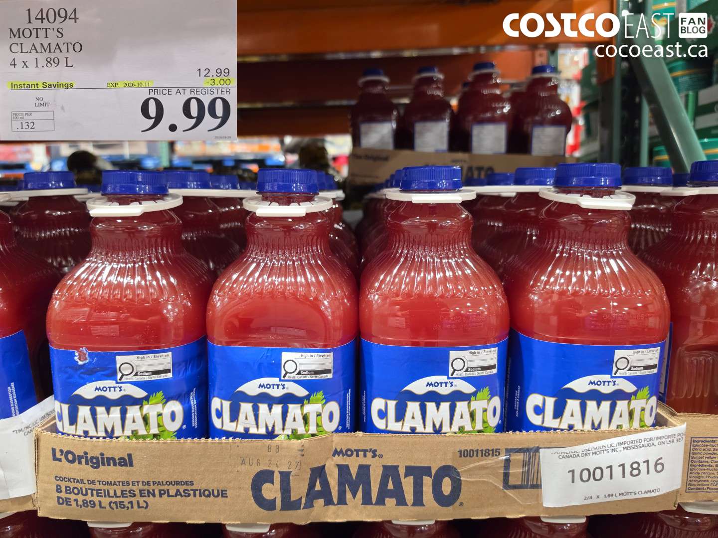 14094 MOTT'S CLAMATO 4 X 1.89 L ($3.00 INSTANT SAVINGS EXPIRES ON 2026-10-11) $9.99