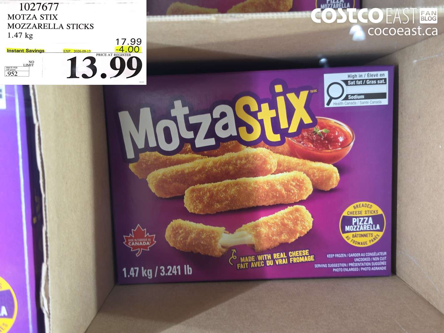 1027677 MOTZA STIX MOZZARELLA STICKS 1.47 KG ($4.00 INSTANT SAVINGS EXPIRES ON 2026-09-13) $13.99