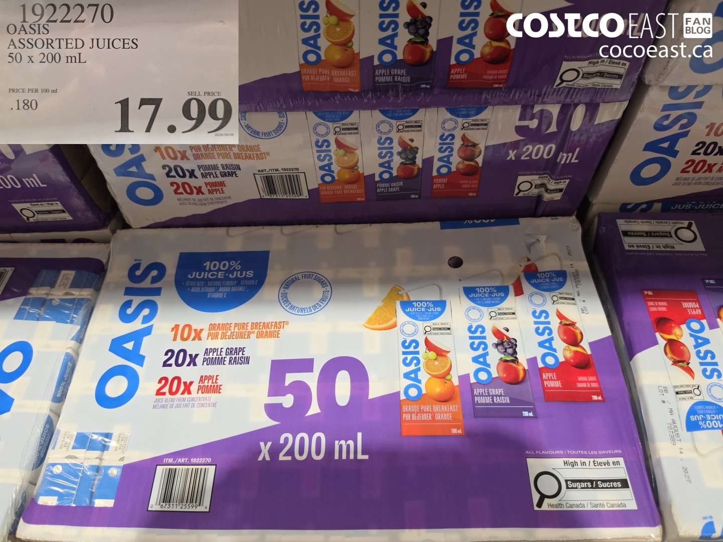 1922270 OASIS ASSORTED JUICES 50 X 200 ML $17.99