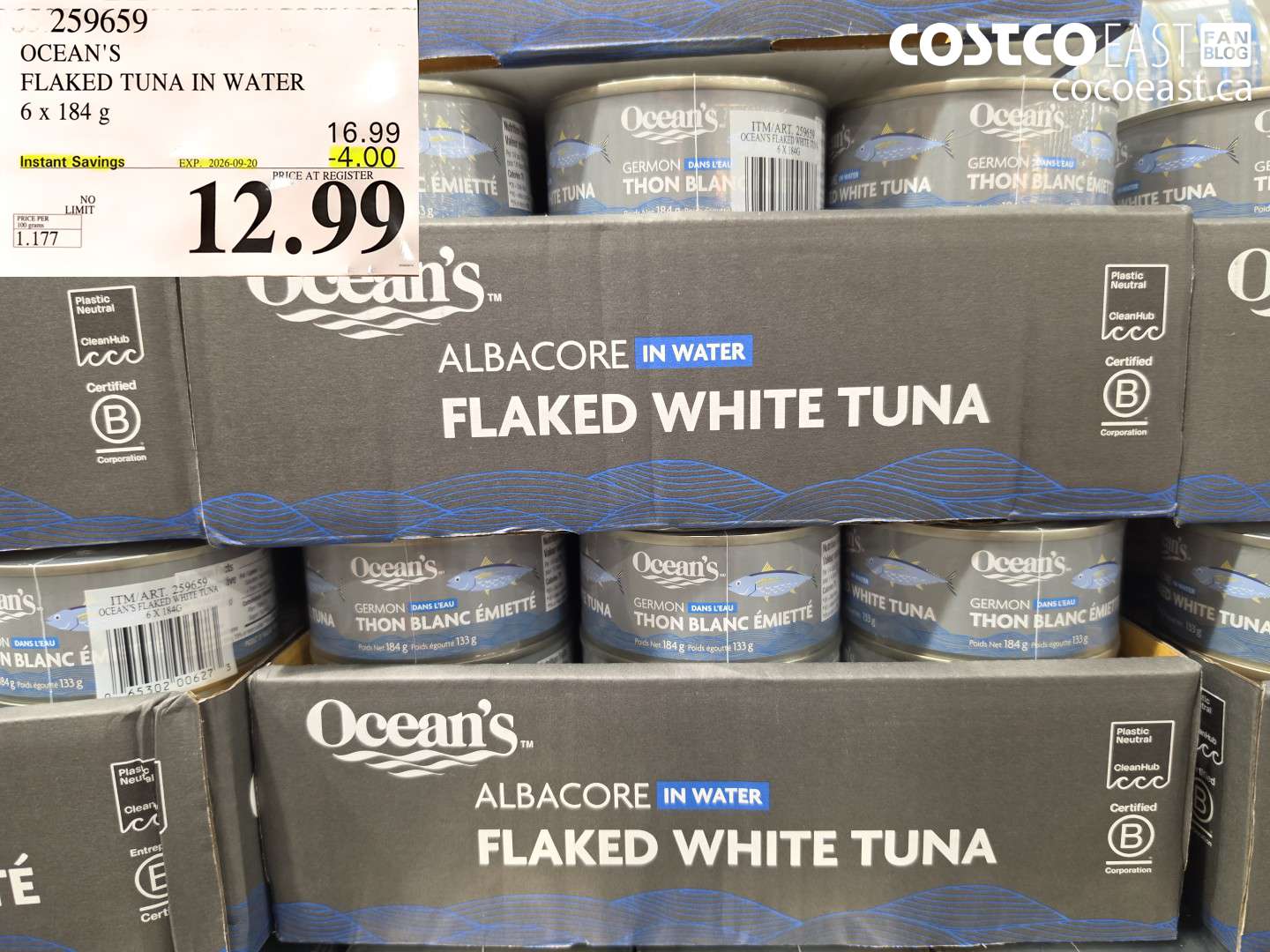 259659 OCEAN'S FLAKED TUNA IN WATER 6 X 184 G ($4.00 INSTANT SAVINGS EXPIRES ON 2026-09-20) $12.99