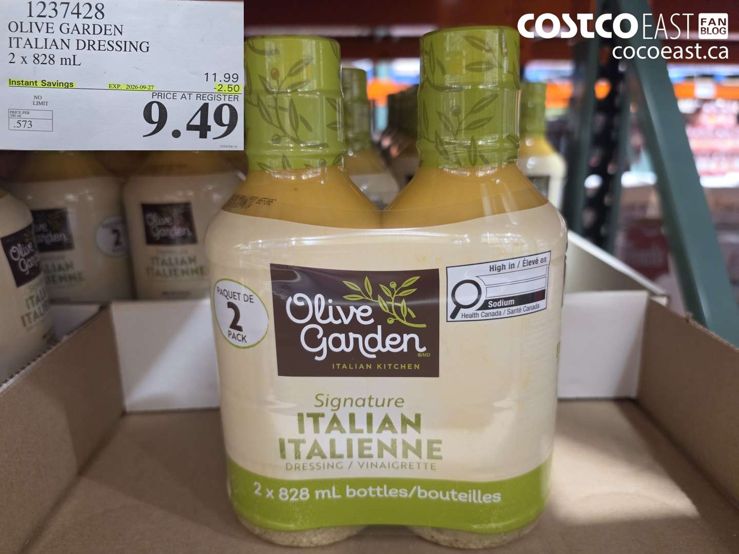 1237428 OLIVE GARDEN ITALIAN DRESSING 2 X 828 ML ($2.50 INSTANT SAVINGS EXPIRES ON 2026-09-27) $9.49