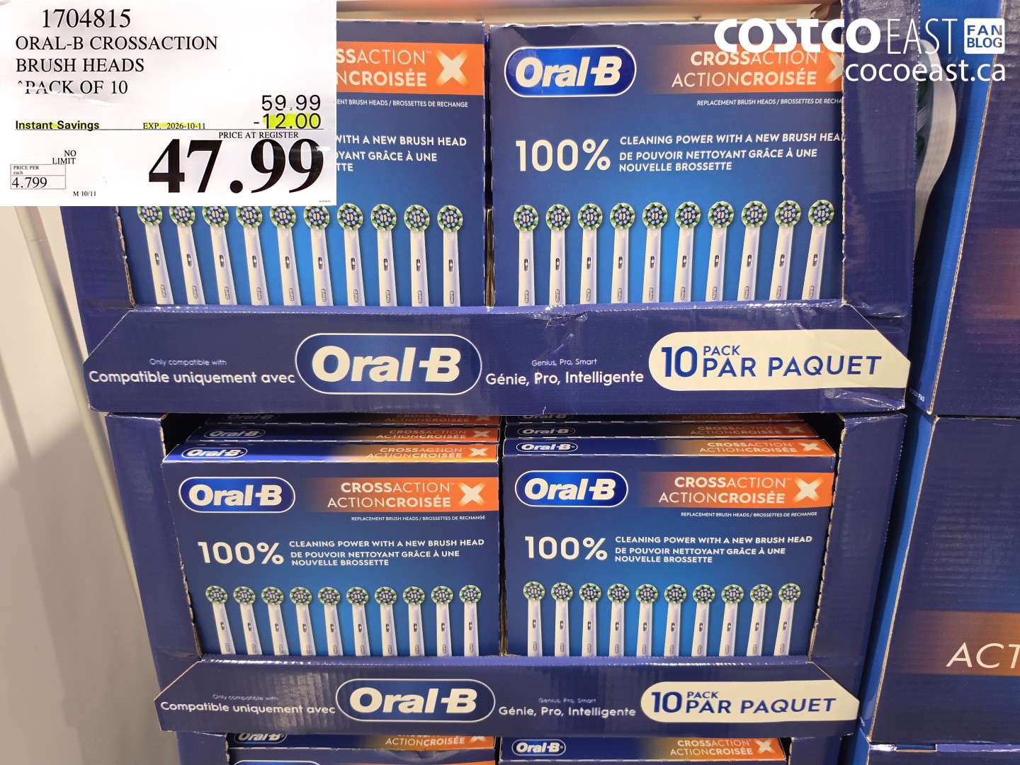 1704815 ORAL-B CROSSACTION BRUSH HEADS PACK OF 10 ($12.00 INSTANT SAVINGS EXPIRES ON 2026-10-11) $47.99