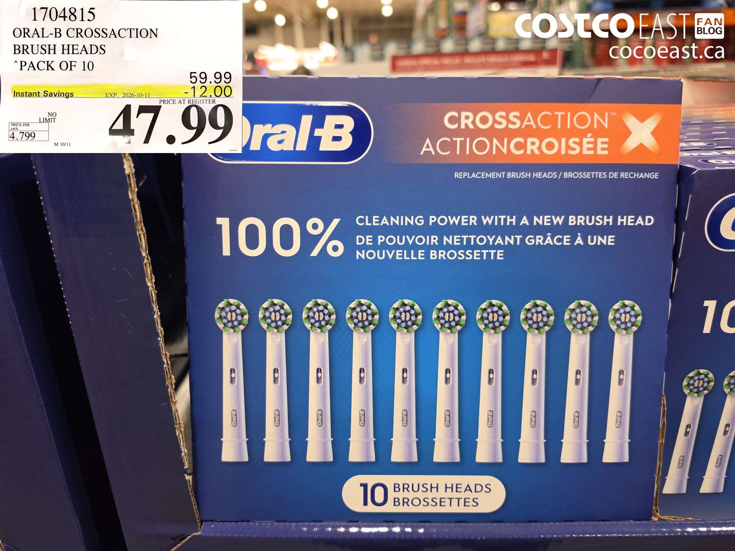 1704815 ORAL-B CROSSACTION BRUSH HEADS PACK OF 10 ($12.00 INSTANT SAVINGS EXPIRES ON 2026-10-11) $47.99