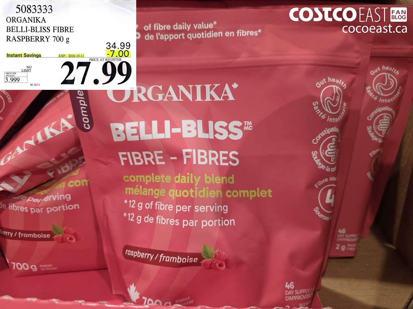 5083333 ORGANIKA BELLI-BLISS FIBRE RASPBERRY 700 G ($7.00 INSTANT SAVINGS EXPIRES ON 2026-10-11) $27.99