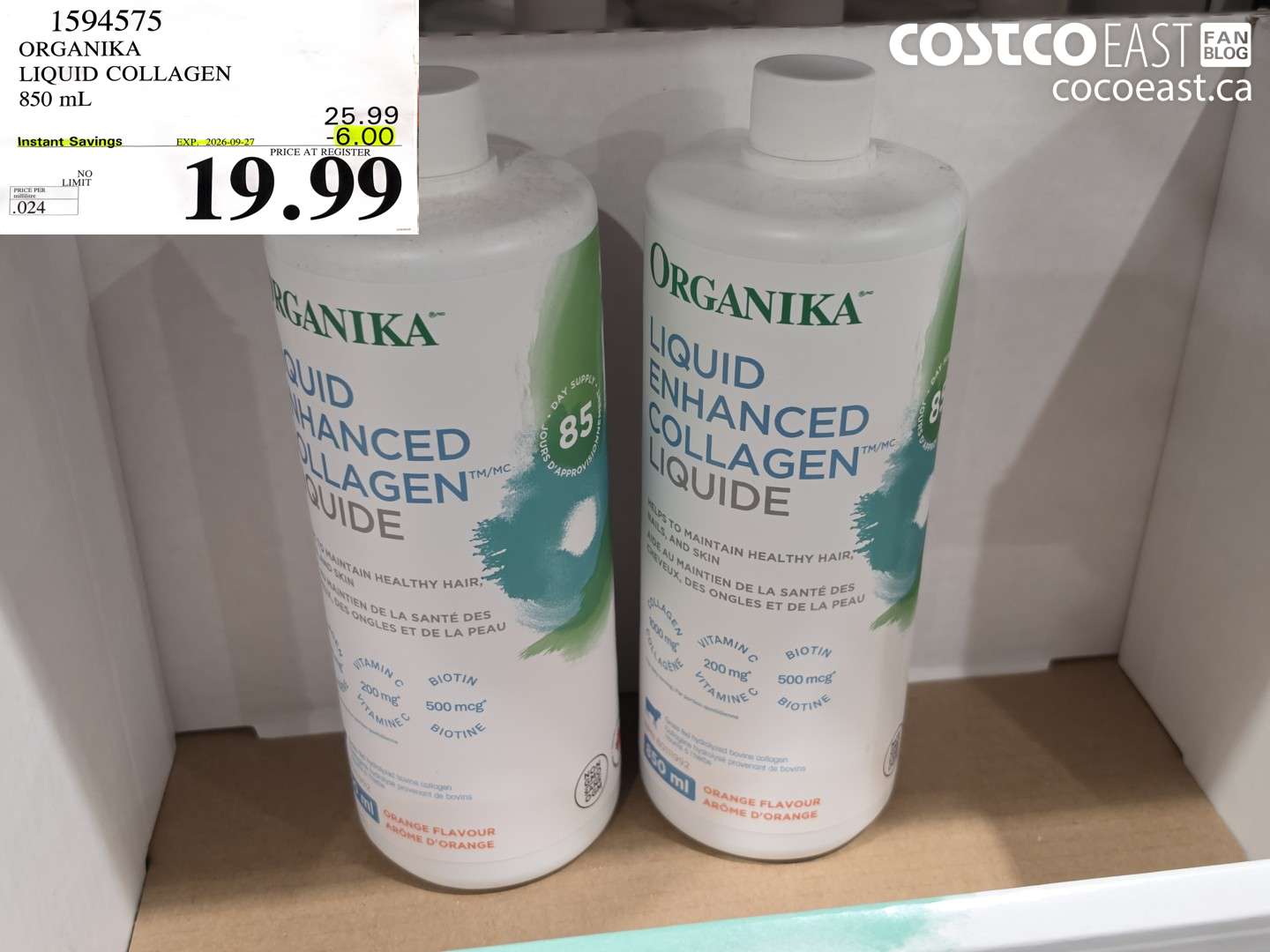 1594575 ORGANIKA LIQUID COLLAGEN 850 ML ($6.00 INSTANT SAVINGS EXPIRES ON 2026-09-27) $19.99