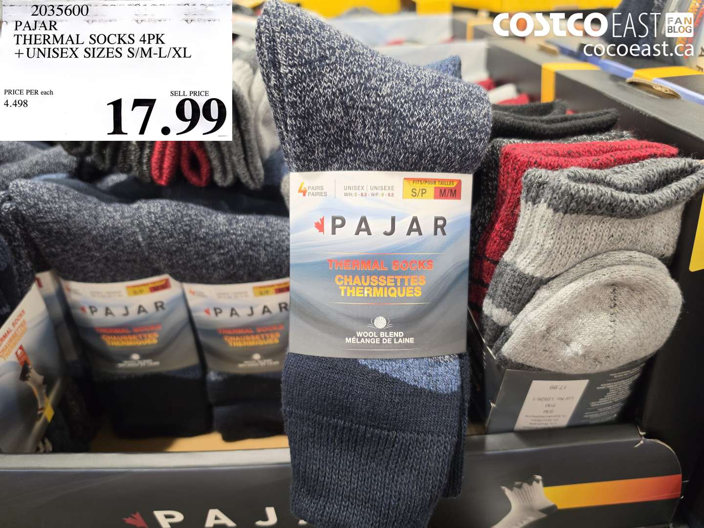 2035600 PAJAR THERMAL SOCKS 4PK UNISEX SIZES S/M-L/XL $17.99