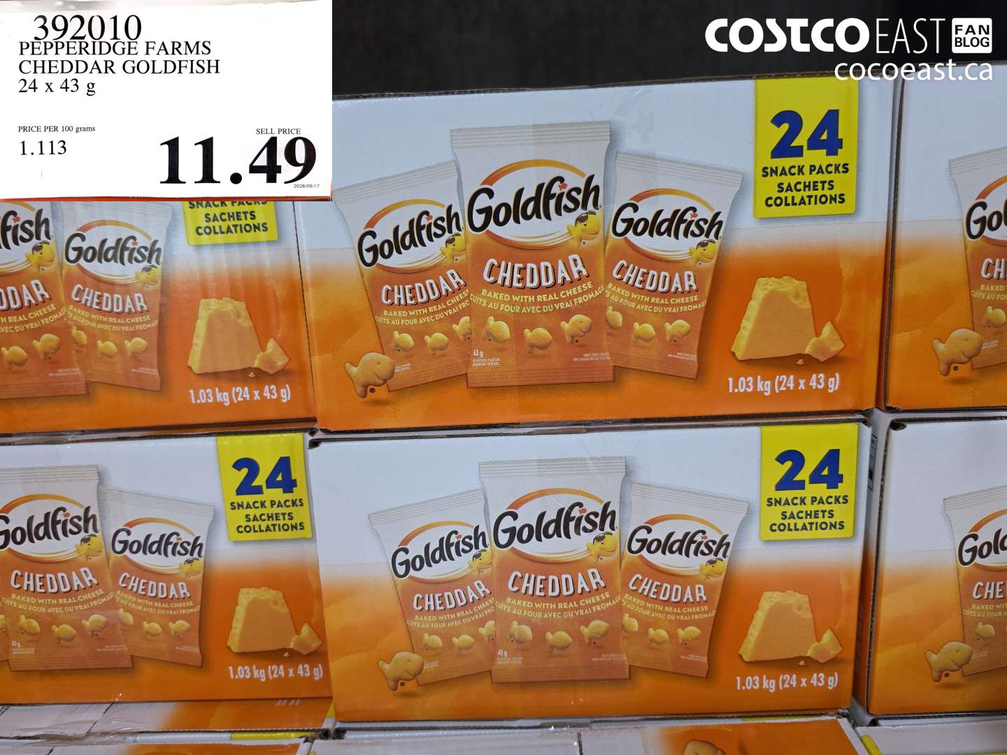 392010 PEPPERIDGE FARMS CHEDDAR GOLDFISH 24 X 43 G $11.49