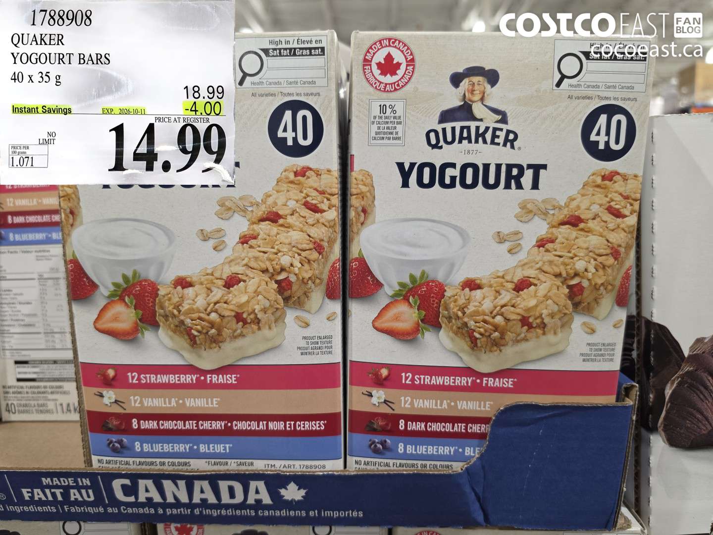 1788908 QUAKER YOGOURT BARS 40 X 35 G ($4.00 INSTANT SAVINGS EXPIRES ON 2026-10-11) $14.99