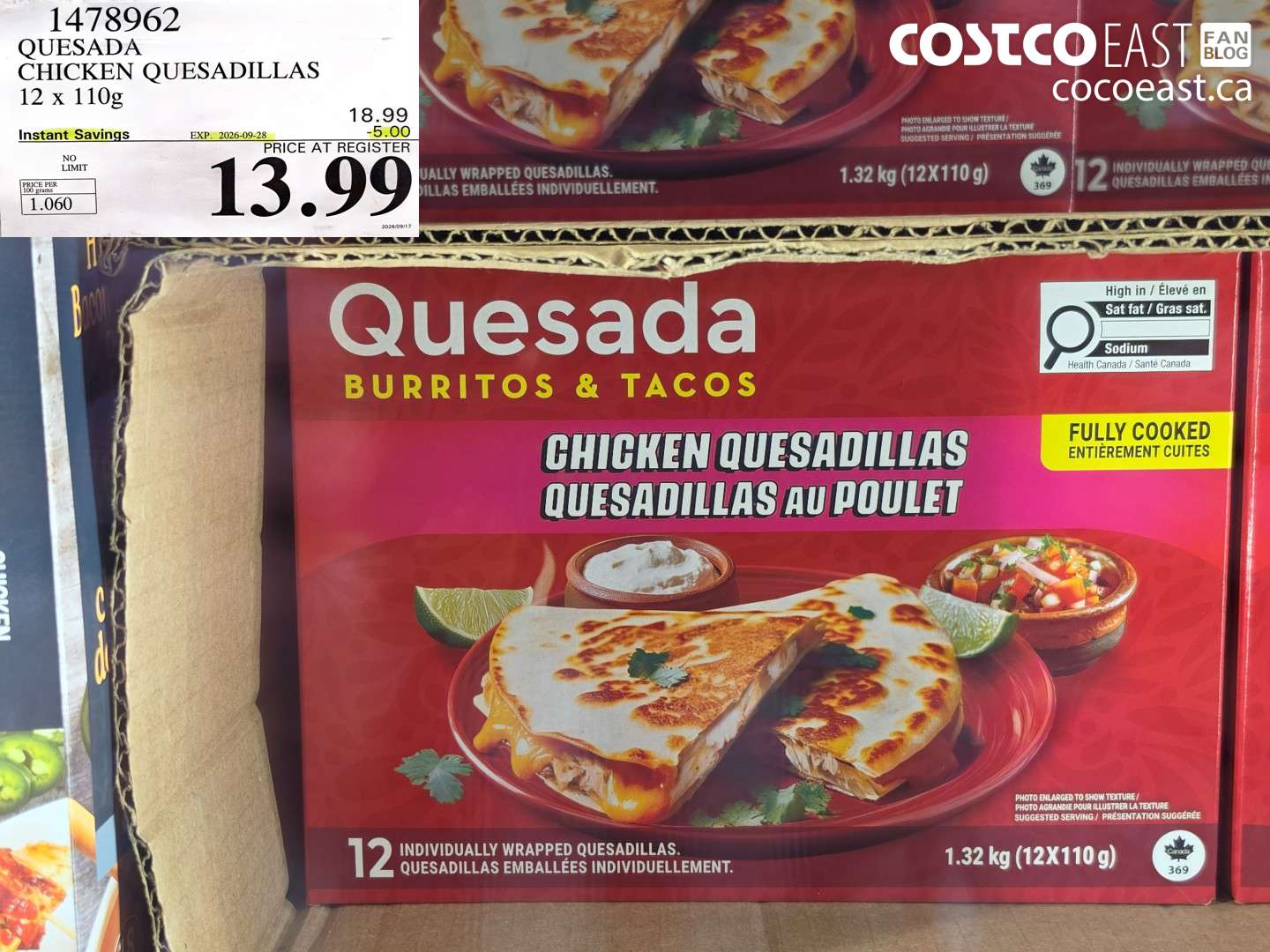 1478962 QUESADA CHICKEN QUESADILLAS 12 X 110G ($5.00 INSTANT SAVINGS EXPIRES ON 2026-09-28) $13.99