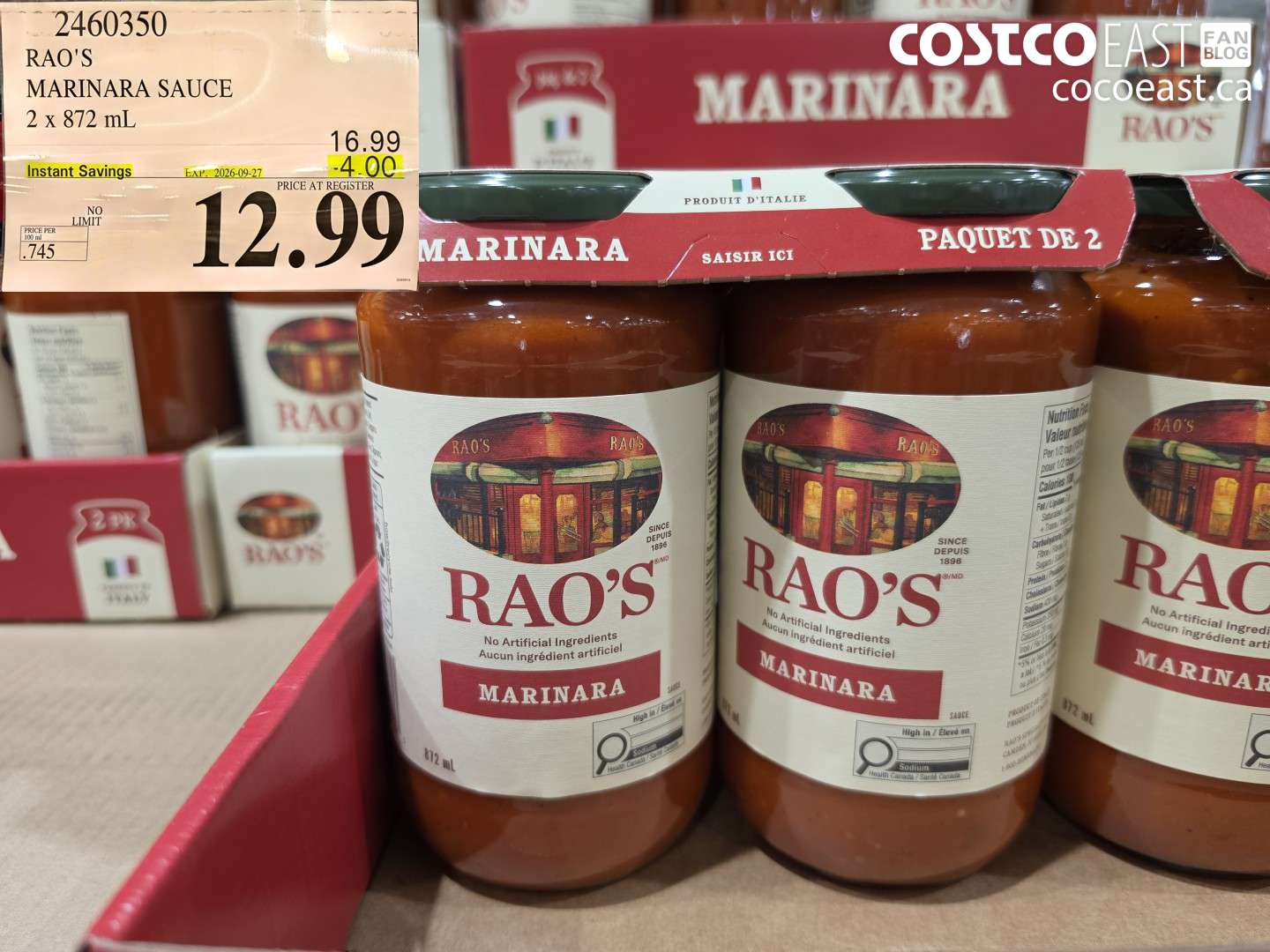 2460350 RAO'S MARINARA SAUCE 2 X 872 ML ($4.00 INSTANT SAVINGS EXPIRES ON 2026-09-27) $12.99