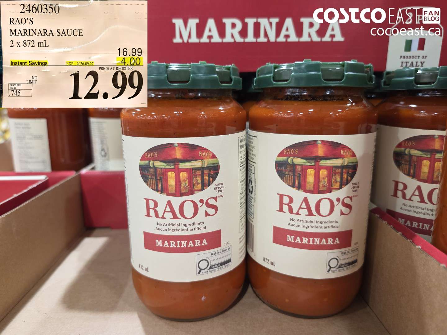 2460350 RAO'S MARINARA SAUCE 2 X 872 ML ($4.00 INSTANT SAVINGS EXPIRES ON 2026-09-27) $12.99