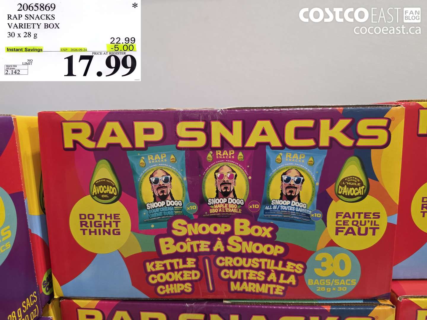 2065869 RAP SNACKS VARIETY BOX 30 X 28 G ($5.00 INSTANT SAVINGS EXPIRES ON 2026-09-24) $17.99