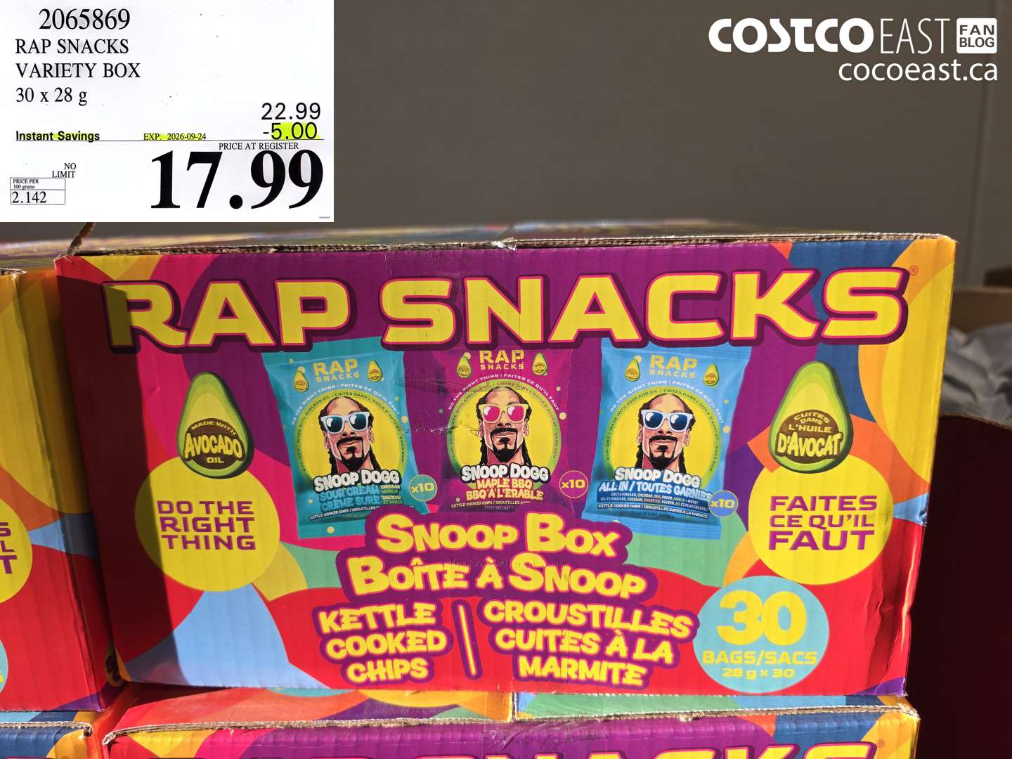 2065869 RAP SNACKS VARIETY BOX 30 X 28 G ($5.00 INSTANT SAVINGS EXPIRES ON 2026-09-24) $17.99