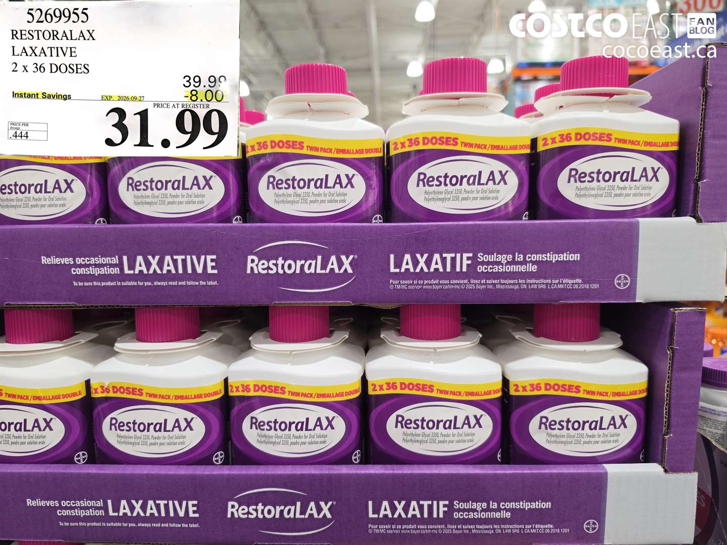 5269955 RESTORALAX LAXATIVE 2 X 36 DOSES ($8.00 INSTANT SAVINGS EXPIRES ON 2026-09-27) $31.99