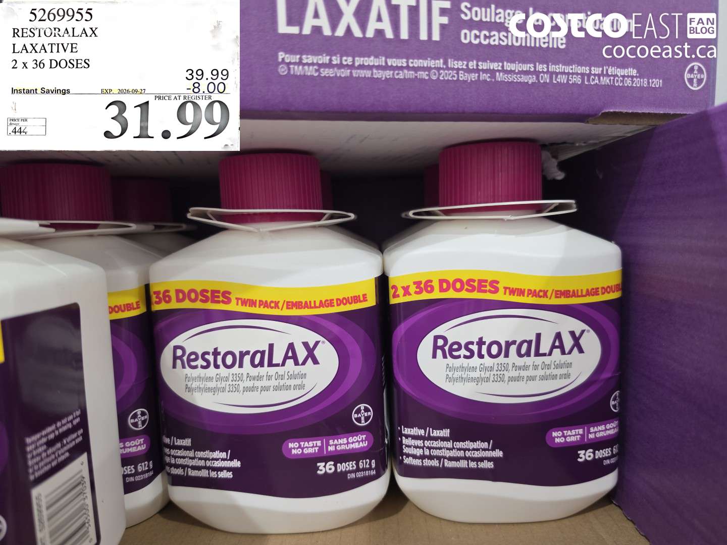5269955 RESTORALAX LAXATIVE 2 X 36 DOSES ($8.00 INSTANT SAVINGS EXPIRES ON 2026-09-27) $31.99