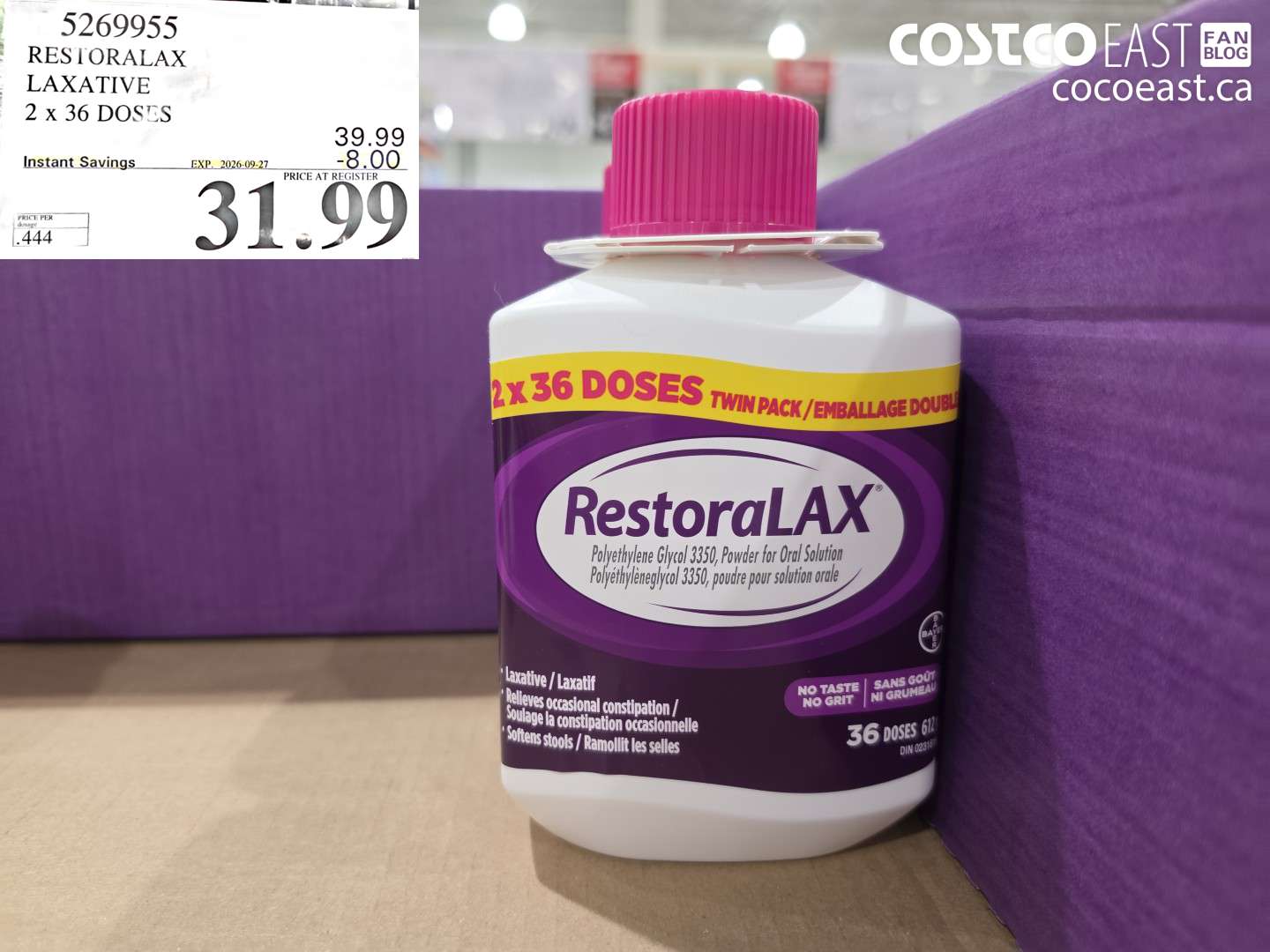5269955 RESTORALAX LAXATIVE 2 X 36 DOSES ($8.00 INSTANT SAVINGS EXPIRES ON 2026-09-27) $31.99