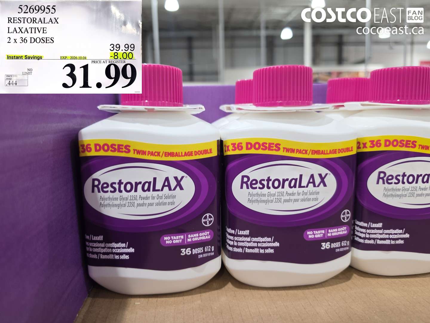 5269955 RESTORALAX LAXATIVE 2 X 36 DOSES ($8.00 INSTANT SAVINGS EXPIRES ON 2026-10-04) $31.99