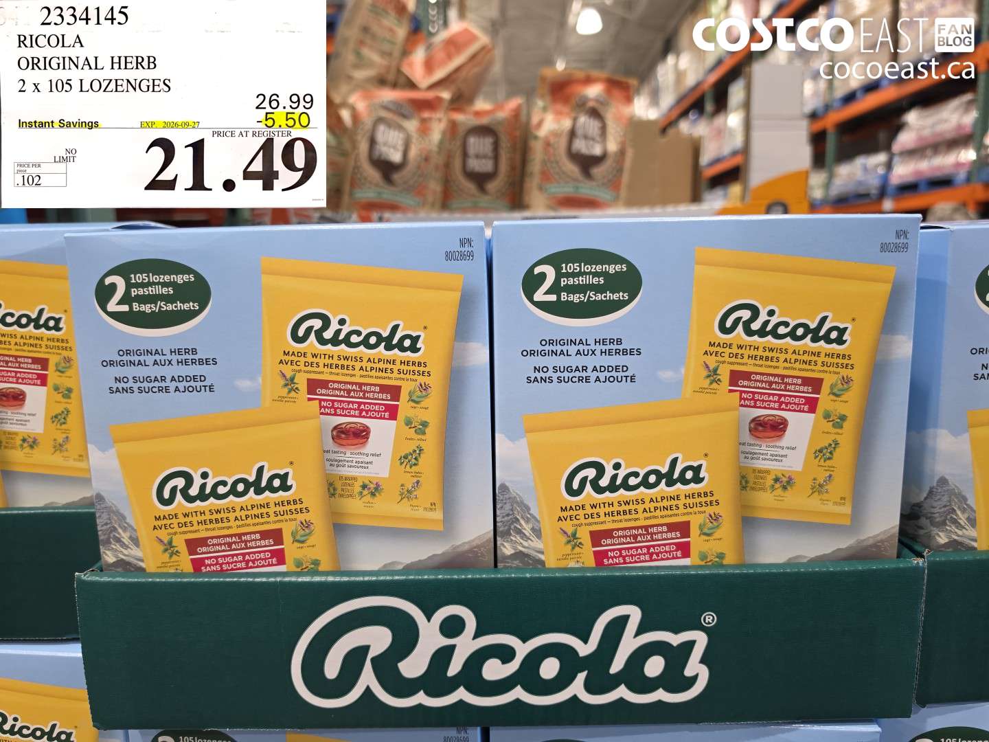 2334145 RICOLA ORIGINAL HERB 2 X 105 LOZENGES ($5.50 INSTANT SAVINGS EXPIRES ON 2026-09-27) $21.49