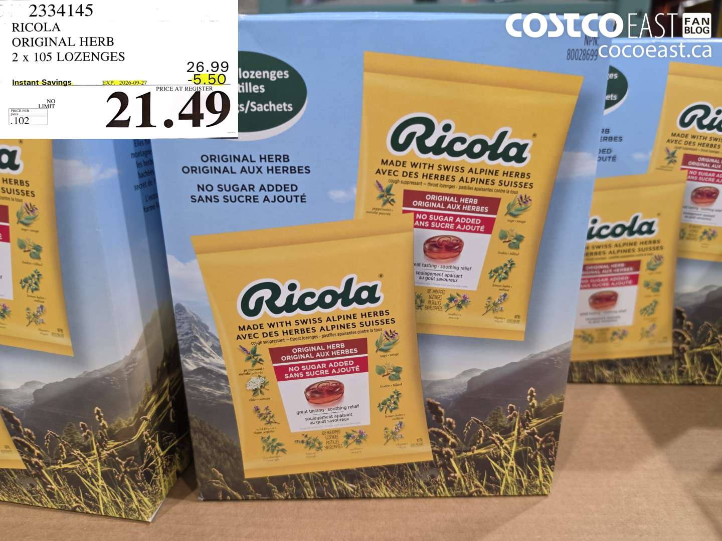 2334145 RICOLA ORIGINAL HERB 2 X 105 LOZENGES ($5.50 INSTANT SAVINGS EXPIRES ON 2026-09-27) $21.49