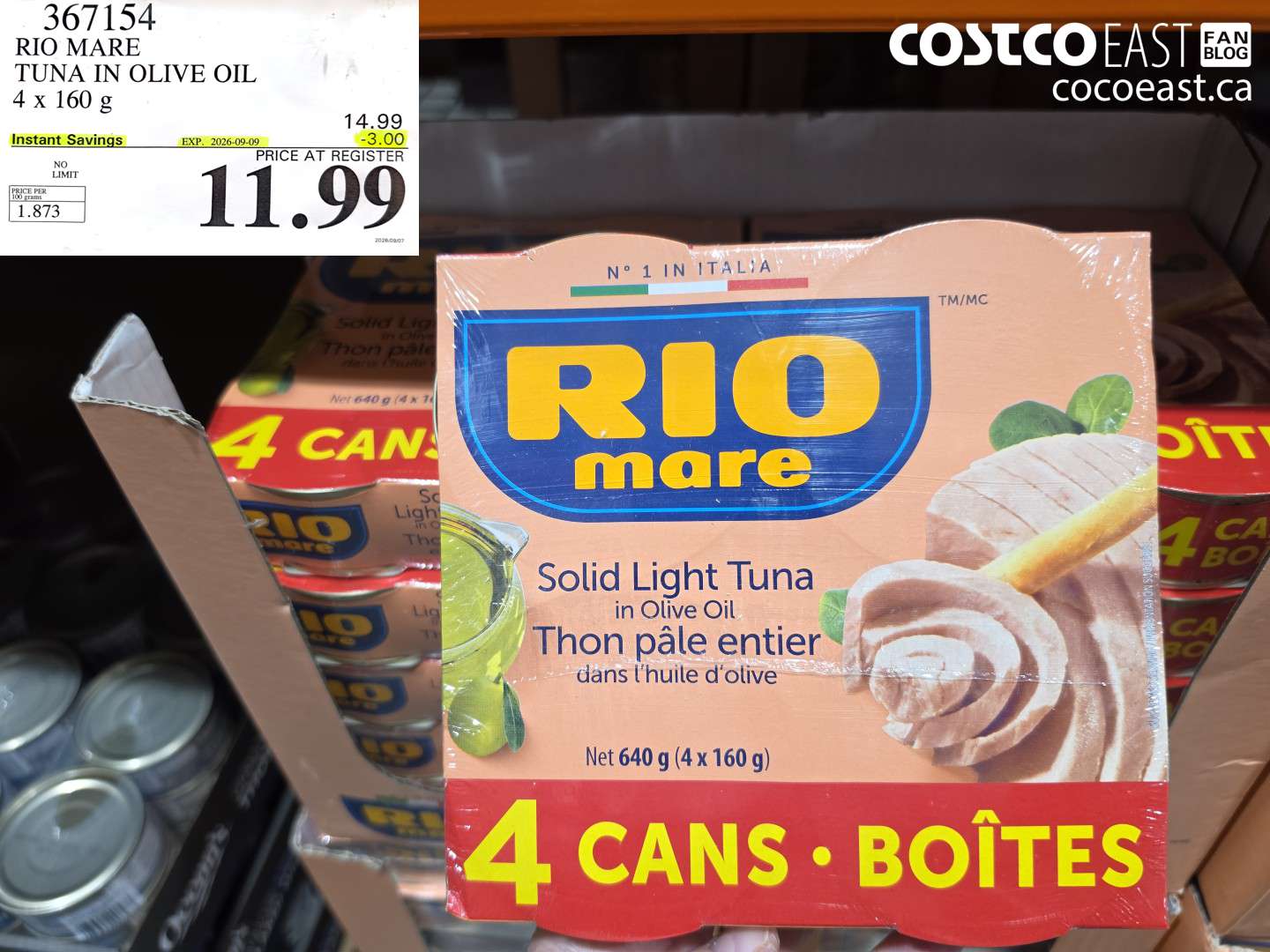 367154 RIO MARE TUNA IN OLIVE OIL 4 X 160 G ($3.00 INSTANT SAVINGS EXPIRES ON 2026-09-09) $11.99
