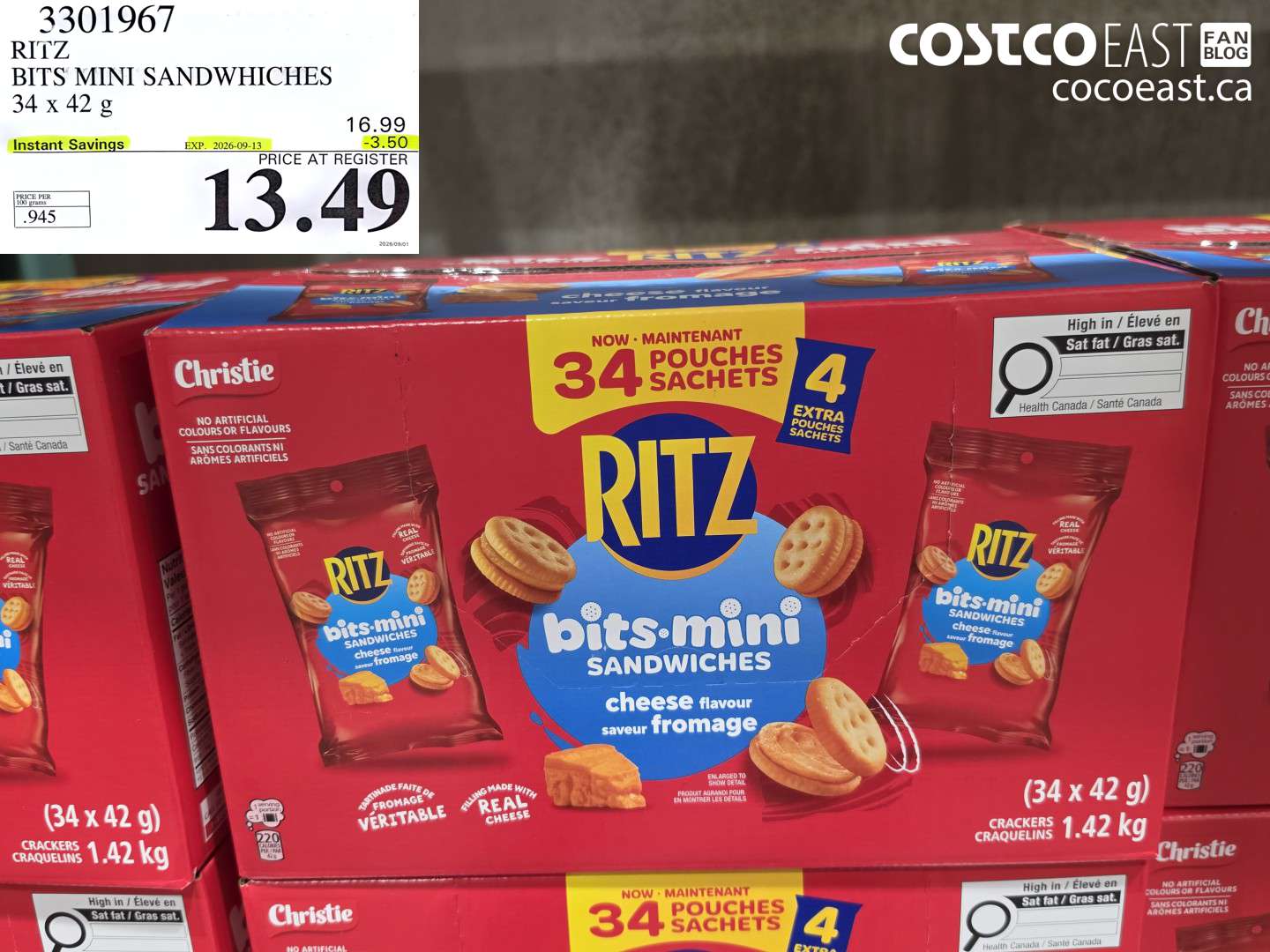 3301967 RITZ BITS MINI SANDWHICHES 34 X 42 G ($3.50 INSTANT SAVINGS EXPIRES ON 2026-09-13) $13.49