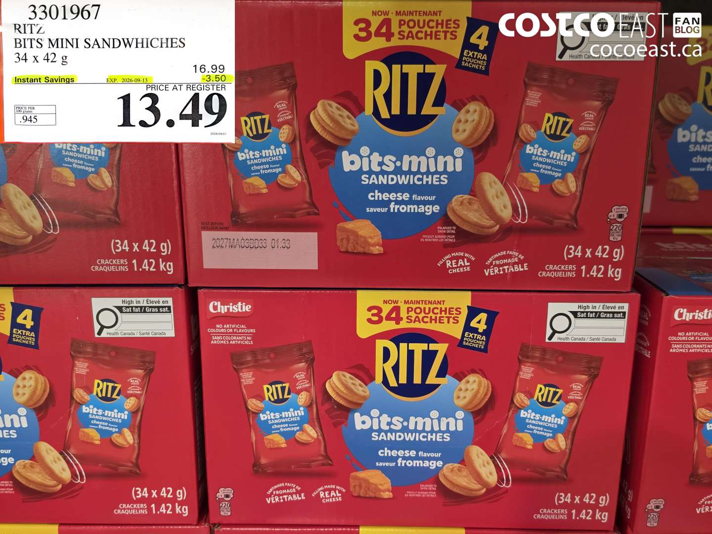 3301967 RITZ BITS MINI SANDWHICHES 34 X 42 G ($3.50 INSTANT SAVINGS EXPIRES ON 2026-09-13) $13.49