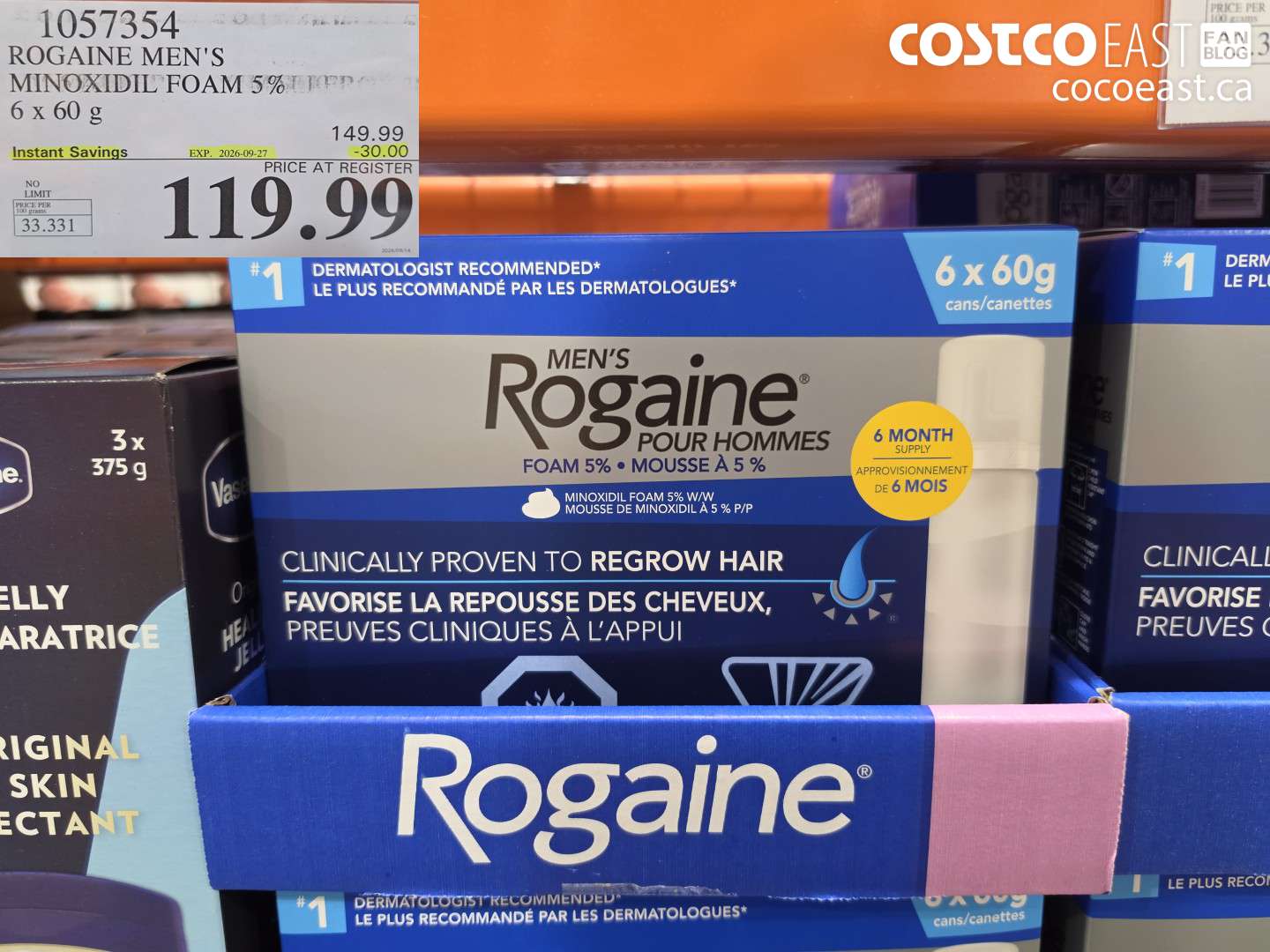 1057354 ROGAINE MEN'S MINOXIDIL FOAM 5% 6 X 60 G ($30.00 INSTANT SAVINGS EXPIRES ON 2026-09-27) $119.99