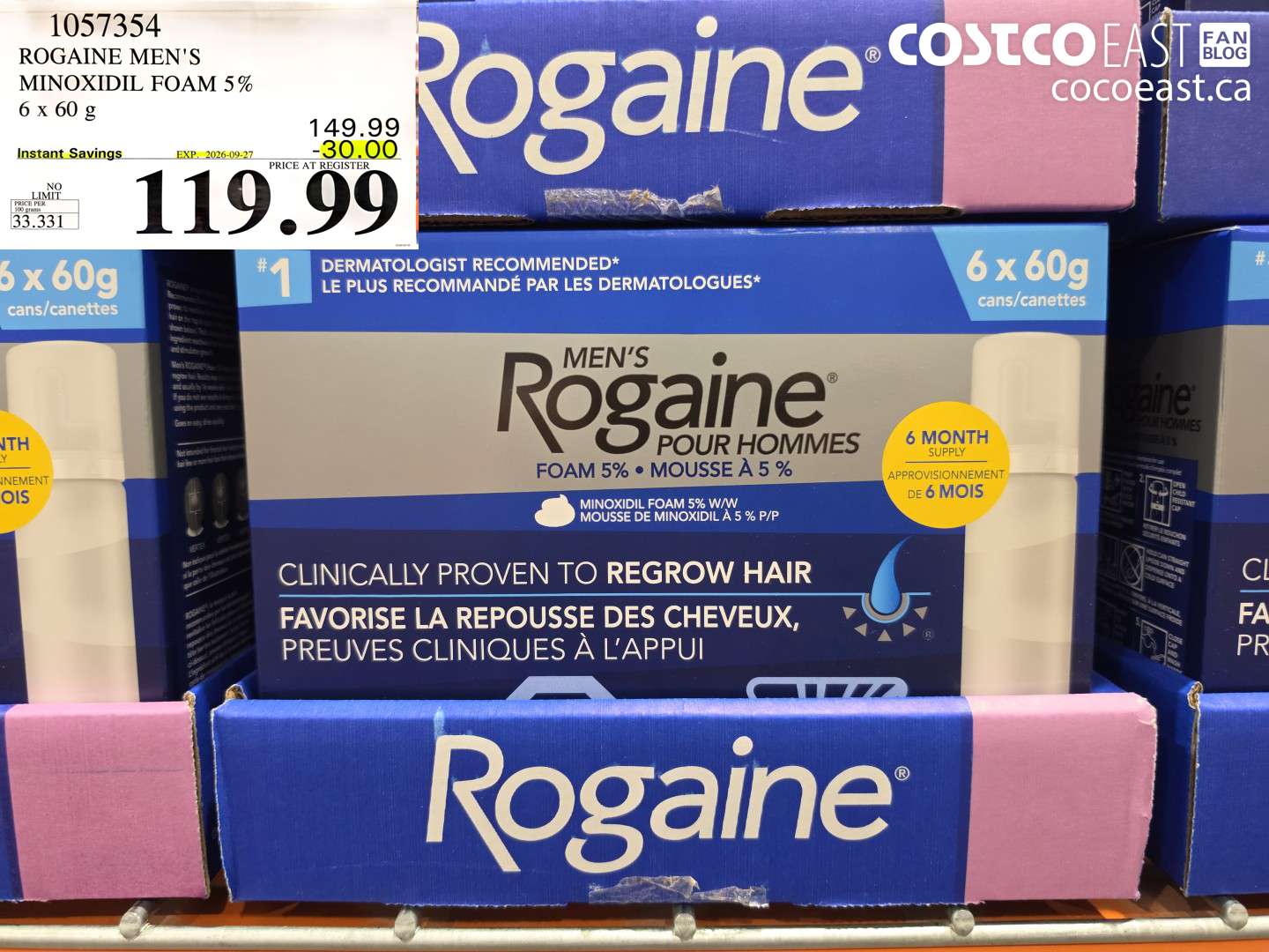 1057354 ROGAINE MEN'S MINOXIDIL FOAM 5% 6 X 60 G ($30.00 INSTANT SAVINGS EXPIRES ON 2026-09-27) $119.99