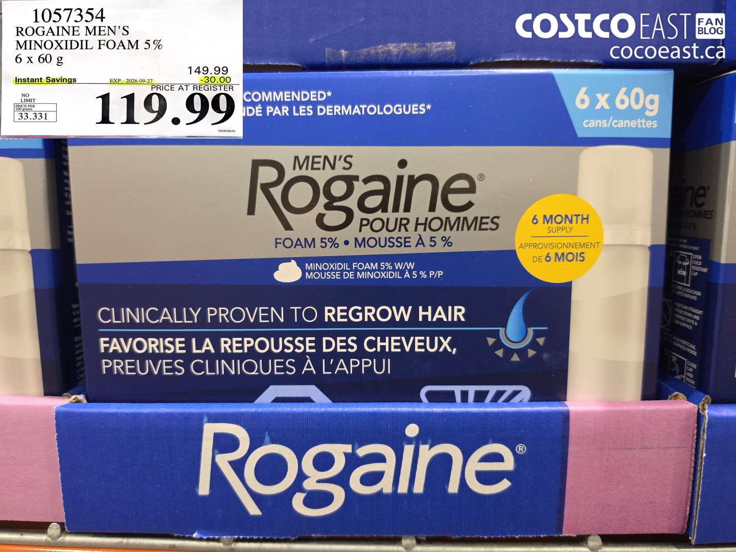 1057354 ROGAINE MEN'S MINOXIDIL FOAM 5% 6 X 60 G ($30.00 INSTANT SAVINGS EXPIRES ON 2026-09-27) $119.99