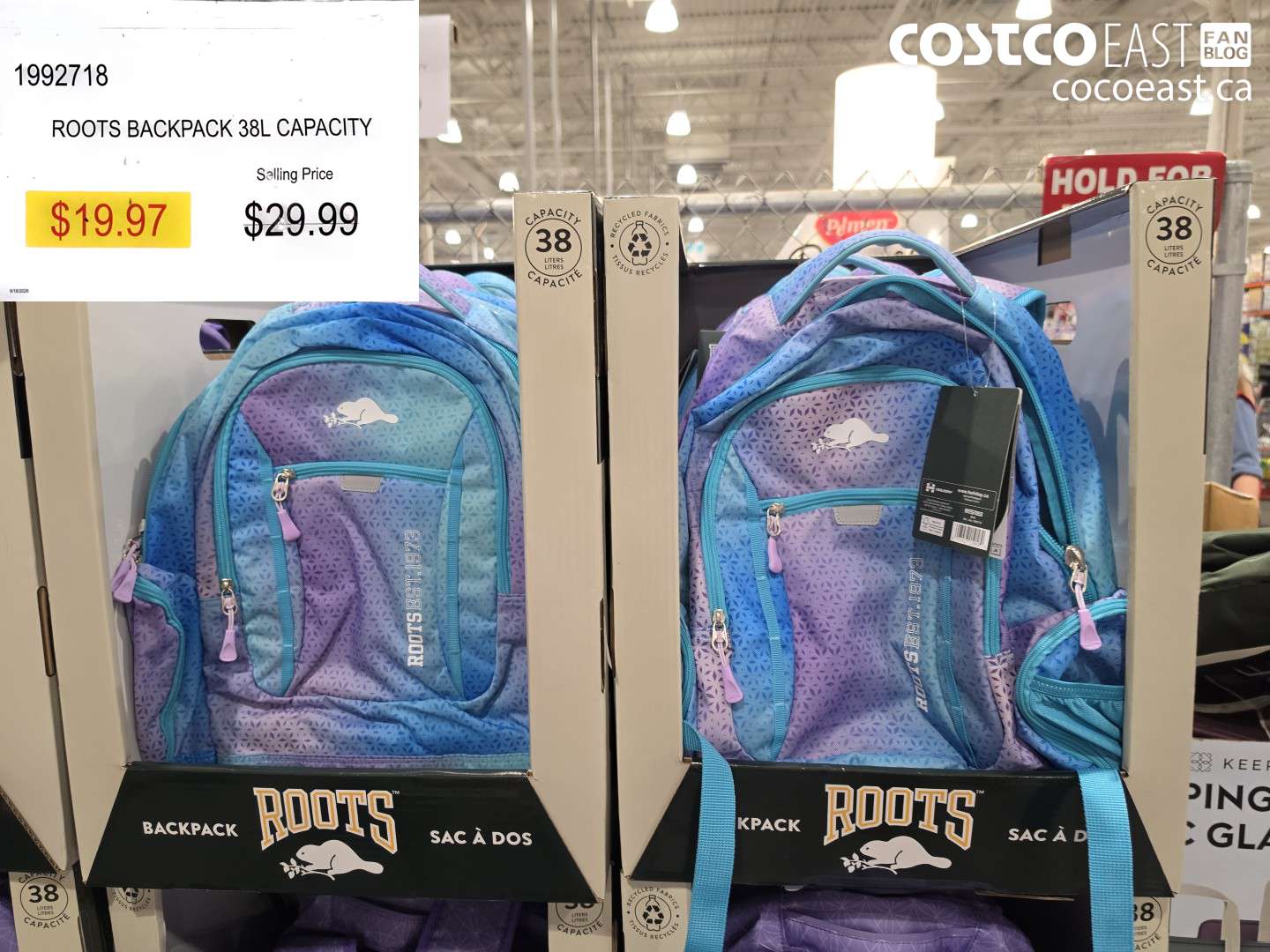 1992718 ROOTS BACKPACK 38L CAPACITY $19.97