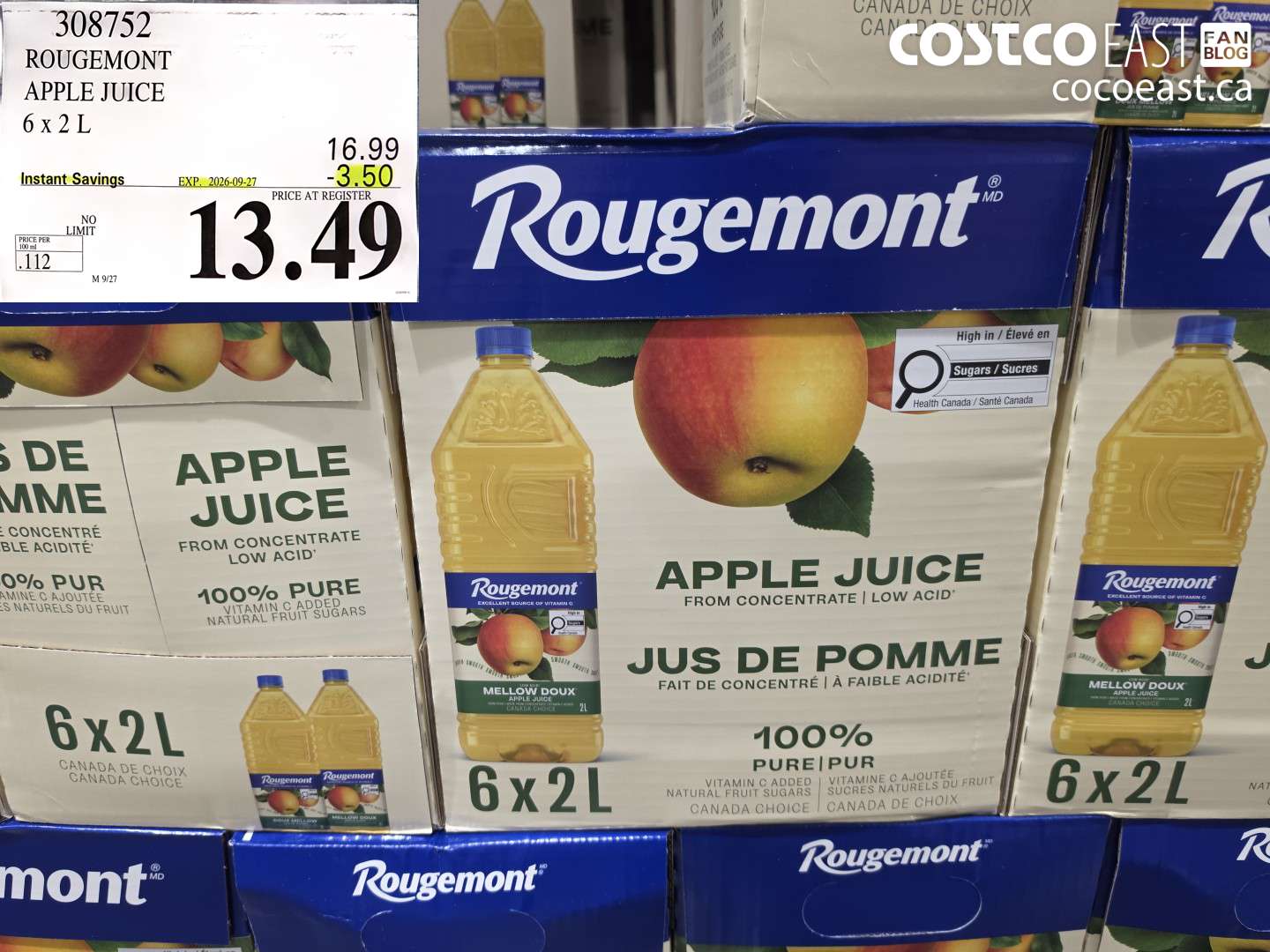 308752 ROUGEMONT APPLE JUICE 6 X 2 L ($3.50 INSTANT SAVINGS EXPIRES ON 2026-09-27) $13.49