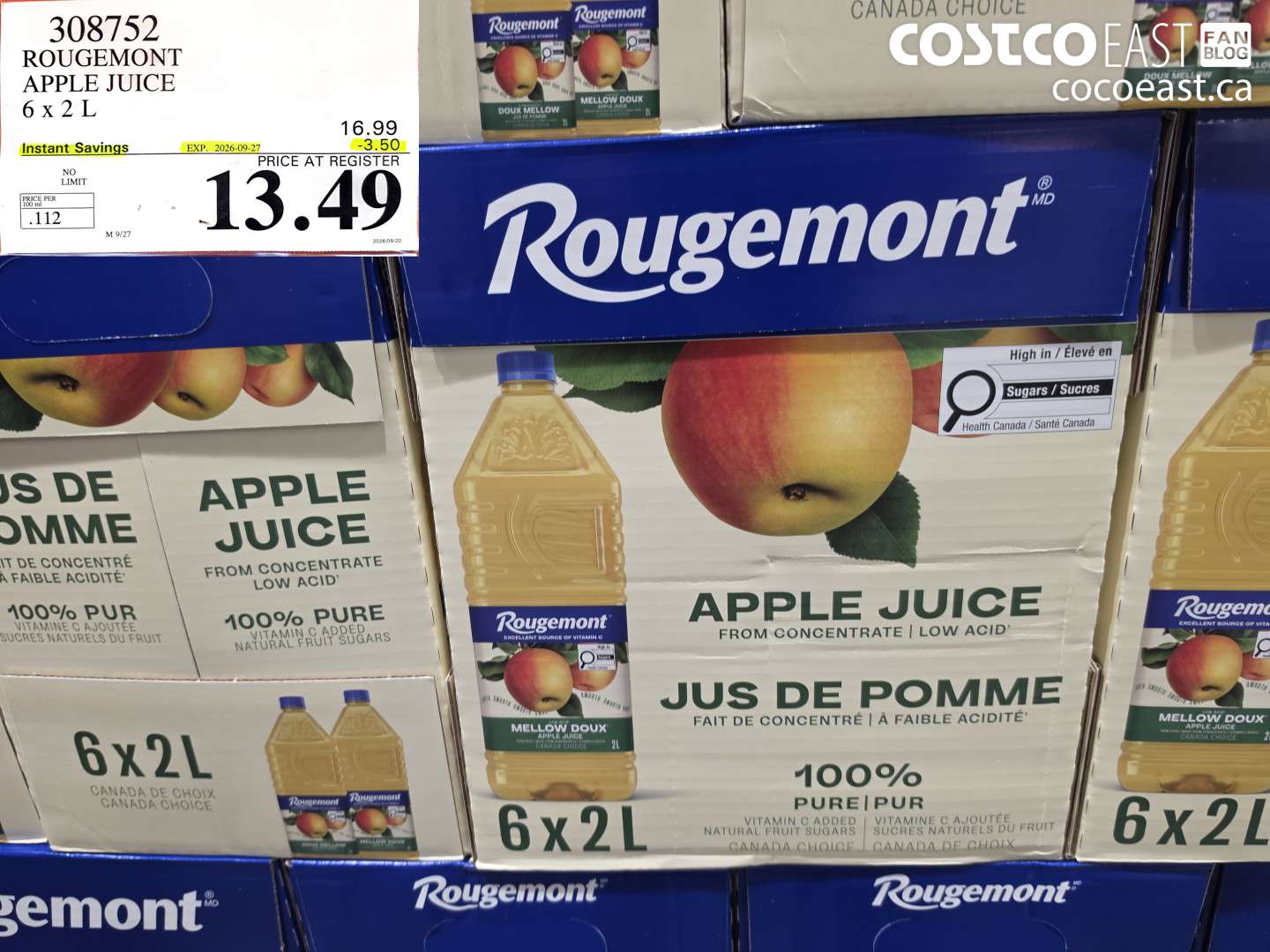 308752 ROUGEMONT APPLE JUICE 6 X 2 L ($3.50 INSTANT SAVINGS EXPIRES ON 2026-09-27) $13.49