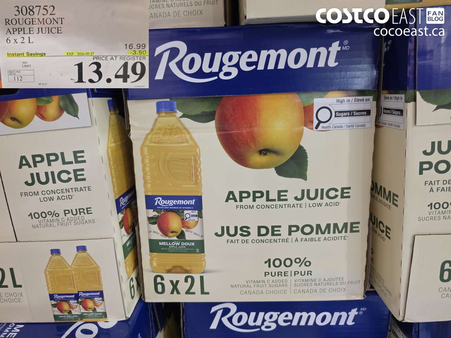 308752 ROUGEMONT APPLE JUICE 6 X 2 L ($3.50 INSTANT SAVINGS EXPIRES ON 2026-09-27) $13.49