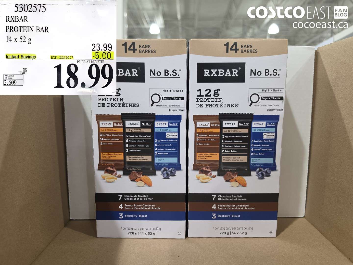 5302575 RXBAR PROTEIN BAR 14 X 52 G ($5.00 INSTANT SAVINGS EXPIRES ON 2026-09-27) $18.99