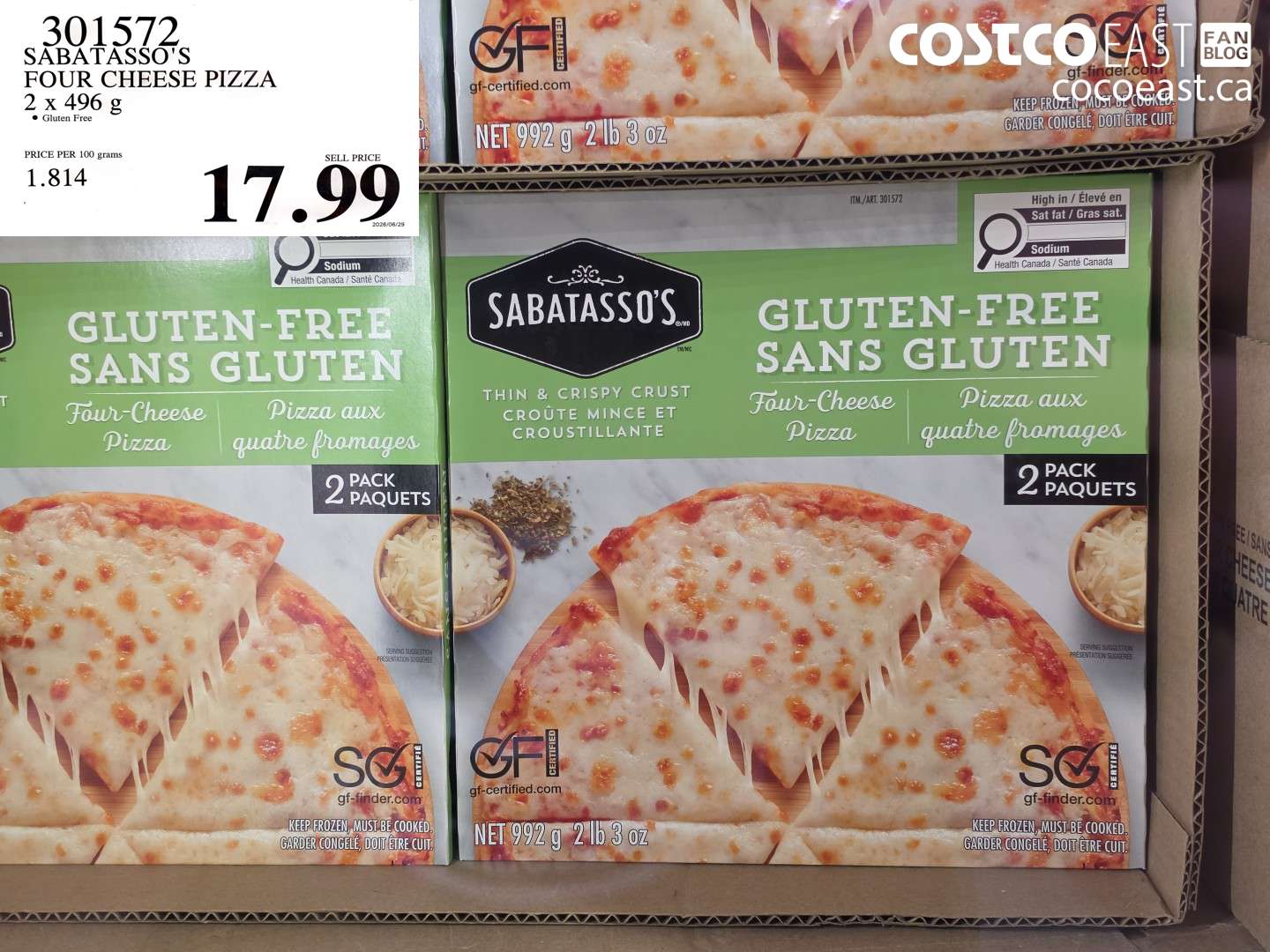301572 SABATASSO'S FOUR CHEESE PIZZA 2 X 496 G $17.99