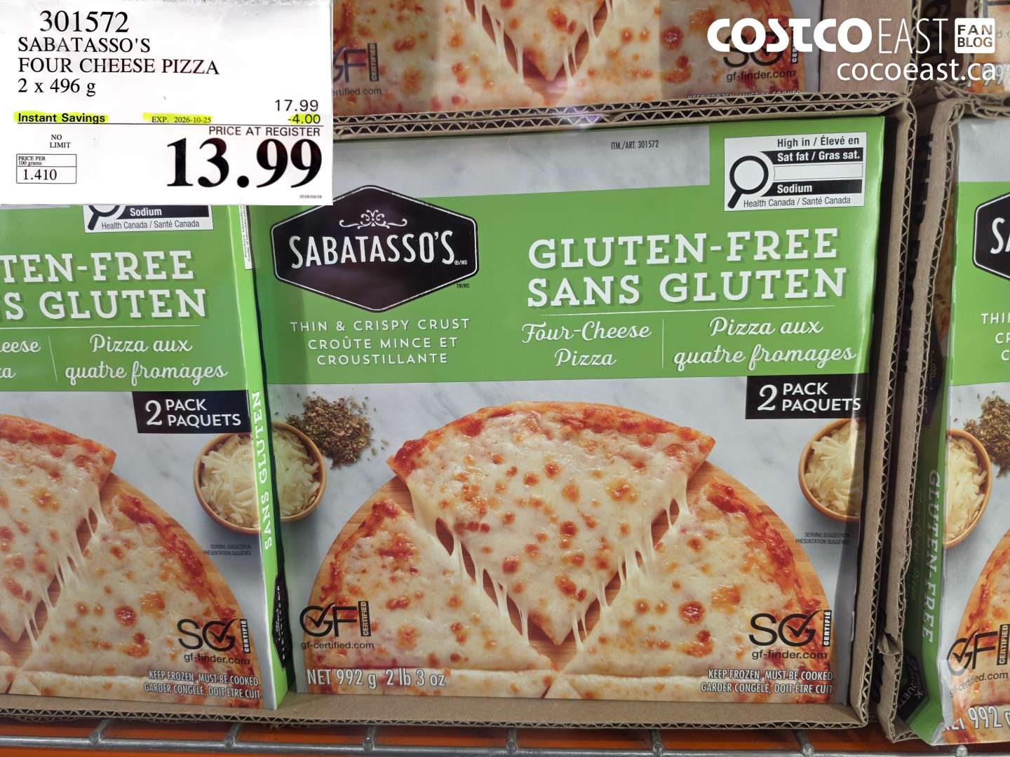 301572 SABATASSO'S FOUR CHEESE PIZZA 2 X 496 G ($4.00 INSTANT SAVINGS EXPIRES ON 2026-10-25) $13.99
